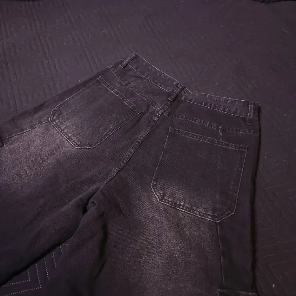 Black Baggy Wide Leg Cargo Jeans | Flap Utility Pockets | W30 42in